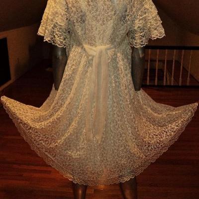 Vtg 1950's all Lace Peignoir set  nightgown/Coat gown baby blue ribbon