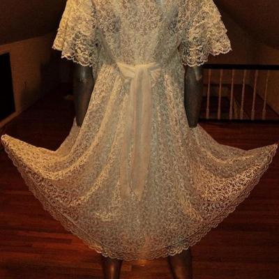 Vtg 1950's all Lace Peignoir set  nightgown/Coat gown baby blue ribbon