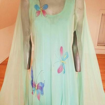 Vtg 1960's Chiffon maxi hand painted gown full opera shawl  fluid cover green/