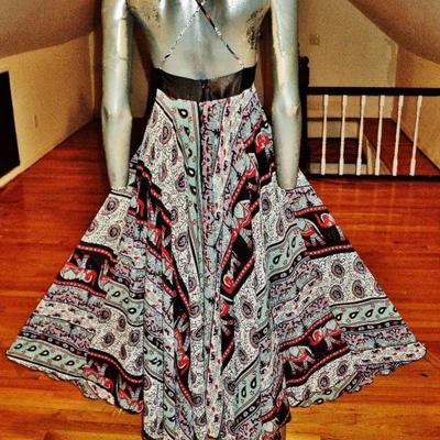 Vtg Boho chic Ethnic fluid lurex chiffon gown silkscreen elephant print