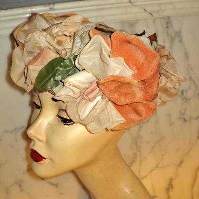 Vtg 1940's Toque hat Millinery silk/velour flowers satin lined