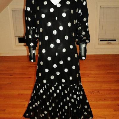 Vtg Charleston look dress silk chiffon silver lame' polka dot pleats