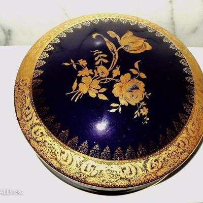 Limoges France Cobalt blue large porcelain Trinket Box Gold painted