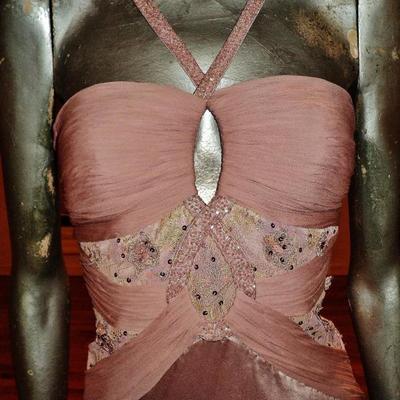 Vtg lavender silk couture halter gown shirred chiffon Train embellished