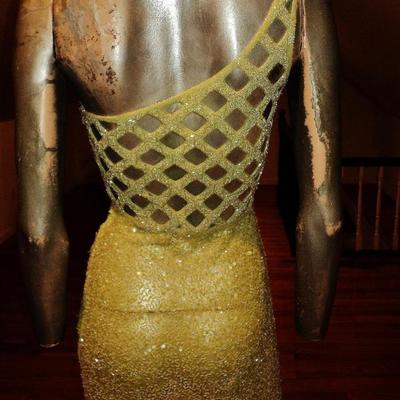 Vintage single shoulder heavily beaded silk gown caged back 