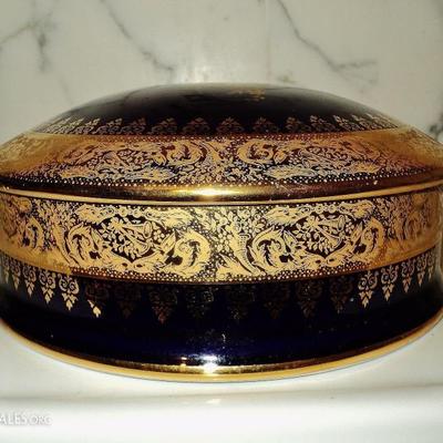 Limoges France Cobalt blue large porcelain Trinket Box Gold painted