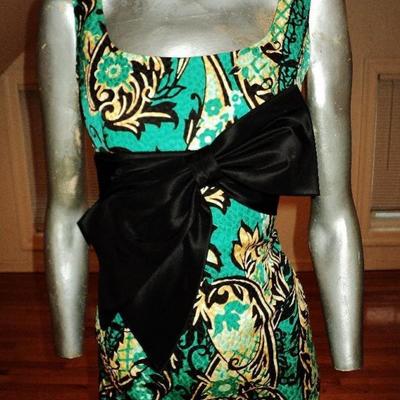 Kay Unger New York silk brocade wiggle dress kitten bow 