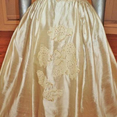 Vtg 1950's Peau de Soie guipure ball gown lace sequin pearl train