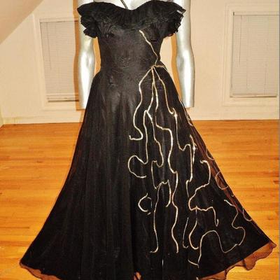 Vtg 1930's voile ruffled ball gown single strap sequins layers 