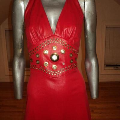  1960's Limited Edition Mr. Boots halter red liquid leather maxi dress gold loops