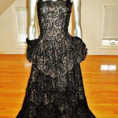 Vintage French Guipure lace shirred gown/Bolero jacket velour ruffle panels