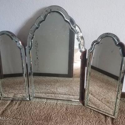 Lot-46 Antique  Beveled Trifold Vanity Dresser Mirror 