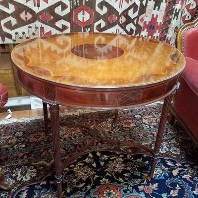Lot-11 Round Mahogany Inlaid Table W/ Tapered X Cross Legs