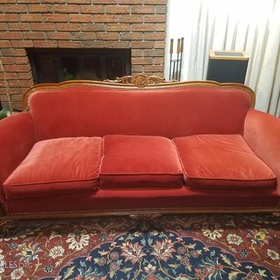 Lot-1 Antique Red Footed Carved Mahogany Sofa W/ Volutes