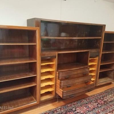 Lot-13 Large Vintage Winged Wooden Art Deco Library Bookcase W/ Sliding Shelves