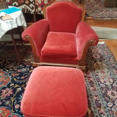 Lot-3 Antique Footed Carved Mahogany Wood Chair & Ottoman #2