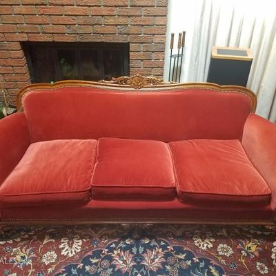 Lot-1 Antique Red Footed Carved Mahogany Sofa W/ Volutes