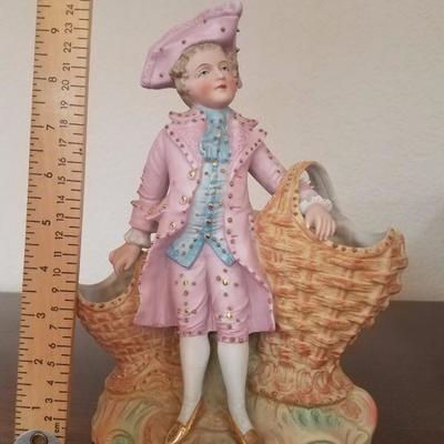 Lot-128 Vintage Pair Signed Basket Holding French Porcelain Figurines