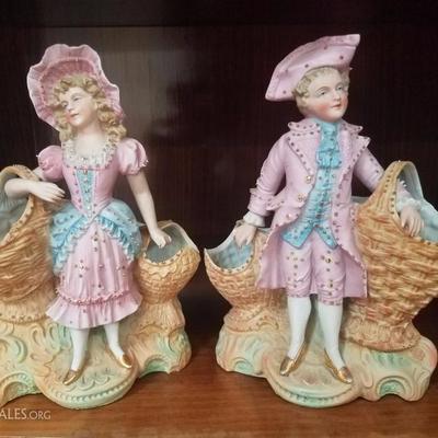 Lot-128 Vintage Pair Signed Basket Holding French Porcelain Figurines