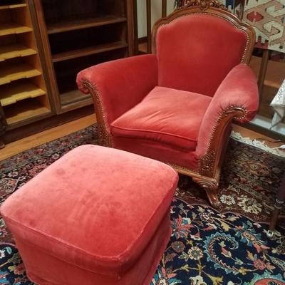 Lot-2 Antique Footed Carved Mahogany Wood Chair & Ottoman #1