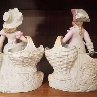 Lot-128 Vintage Pair Signed Basket Holding French Porcelain Figurines