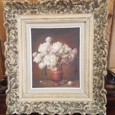 Lot-23 Small Vintage Wooden Framed Floral Painting Artist Signed 