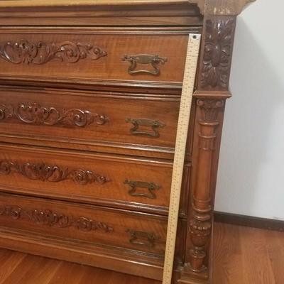 Lot-17 Antique Four Drawer Carved Walnut Chest W/ Marble Top