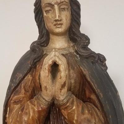 Lot-130 Antique Wooden Hand Carved & Painted Mary Religious Statue