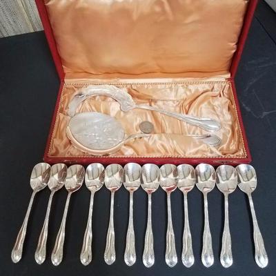 Lot-56 14 Pc Engraved Silver Serving Set in Red Case Stamped