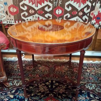 Lot-11 Round Mahogany Inlaid Table W/ Tapered X Cross Legs