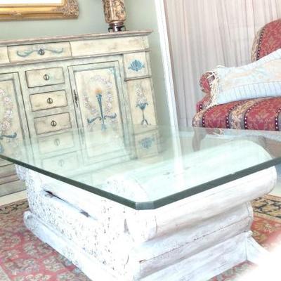 Glass Top Carved Solid Wood Coffee Table 