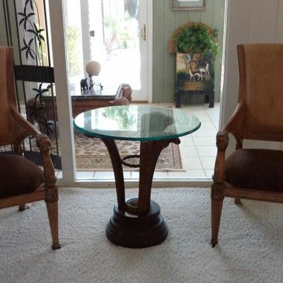 Round Glass Top and Wood Occasional Table #1, one of two in sale