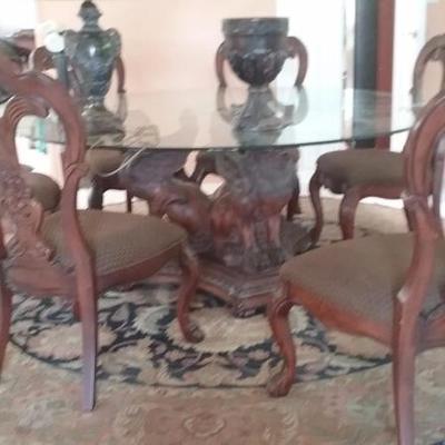 6' Round Glass Top, Carved Pedestal Dining Table with 6 Chairs