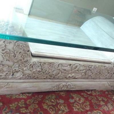 Glass Top Carved Solid Wood Coffee Table 