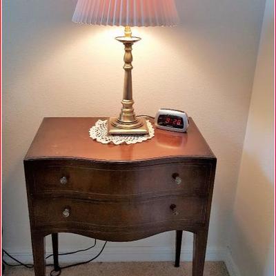 Vintage Night Stand, Brasstone Lamp, alarm clock