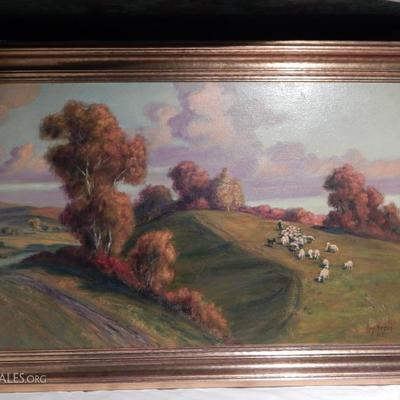 Vintage Max Herzog Oil Landscape Sheep in Field Lot # 32