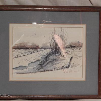 Framed Watercolor by Winter Farm by Vanderleest Lot # 36