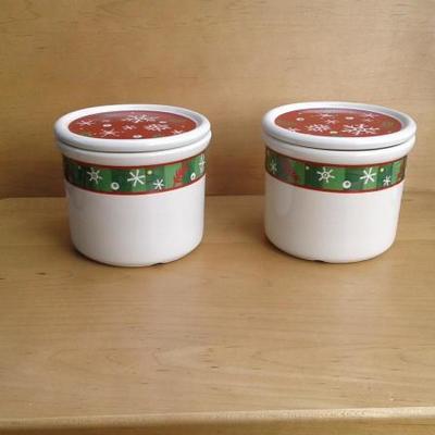 Lot of 2: Longaberger Pottery Bluster Snowflake Salt Candle Crocks/Lids