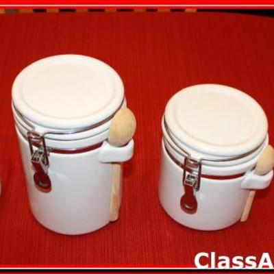 4 White Ceramic Canisters with Wooden Spoons - Lot 236