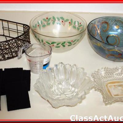 2 Decoartive Glass Bowls, Measuring Cup, Scouring Pads,  & Misc Items - Lot 265