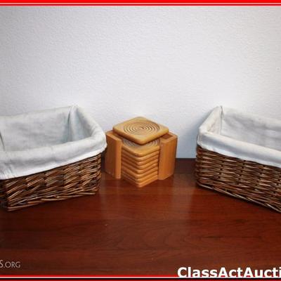 2 Decorative Wicker Office Baskets & Wooden Coasters - Lot 45