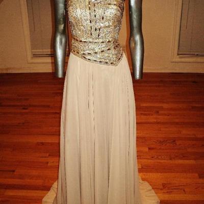 Vtg Terani Couture strapless gold embellished maxi trumpet pleted gown