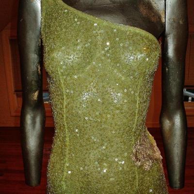 Vintage single shoulder heavily beaded silk gown caged back 