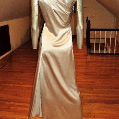 Couture Jackie Rogers silver single shoulder silk grecian draped bias gown