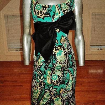 Kay Unger New York silk brocade wiggle dress kitten bow 