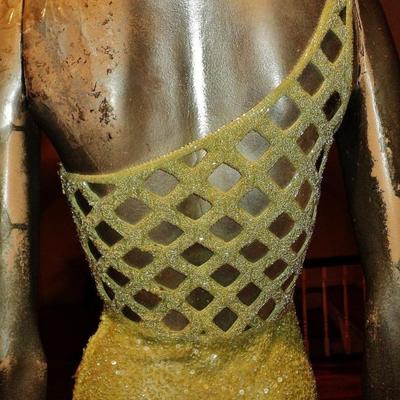 Vintage single shoulder heavily beaded silk gown caged back 