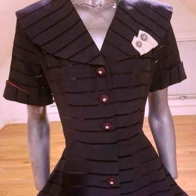 Vtg 1950's full sweep designer dress navy open twill bakelite buttons