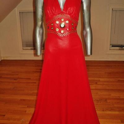  1960's Limited Edition Mr. Boots halter red liquid leather maxi dress gold loops