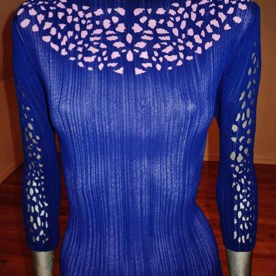 Vtg Royal blue w/ lavender cutout designer dress pencil pleats crepe 