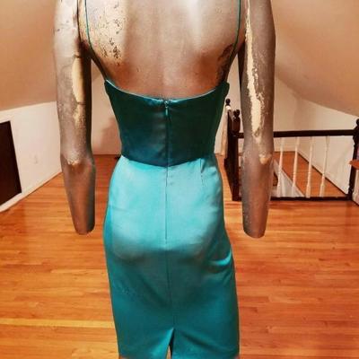 Vtg Kay Unger NY silk tie dye wiggle dress side ruffle spaghetti straps